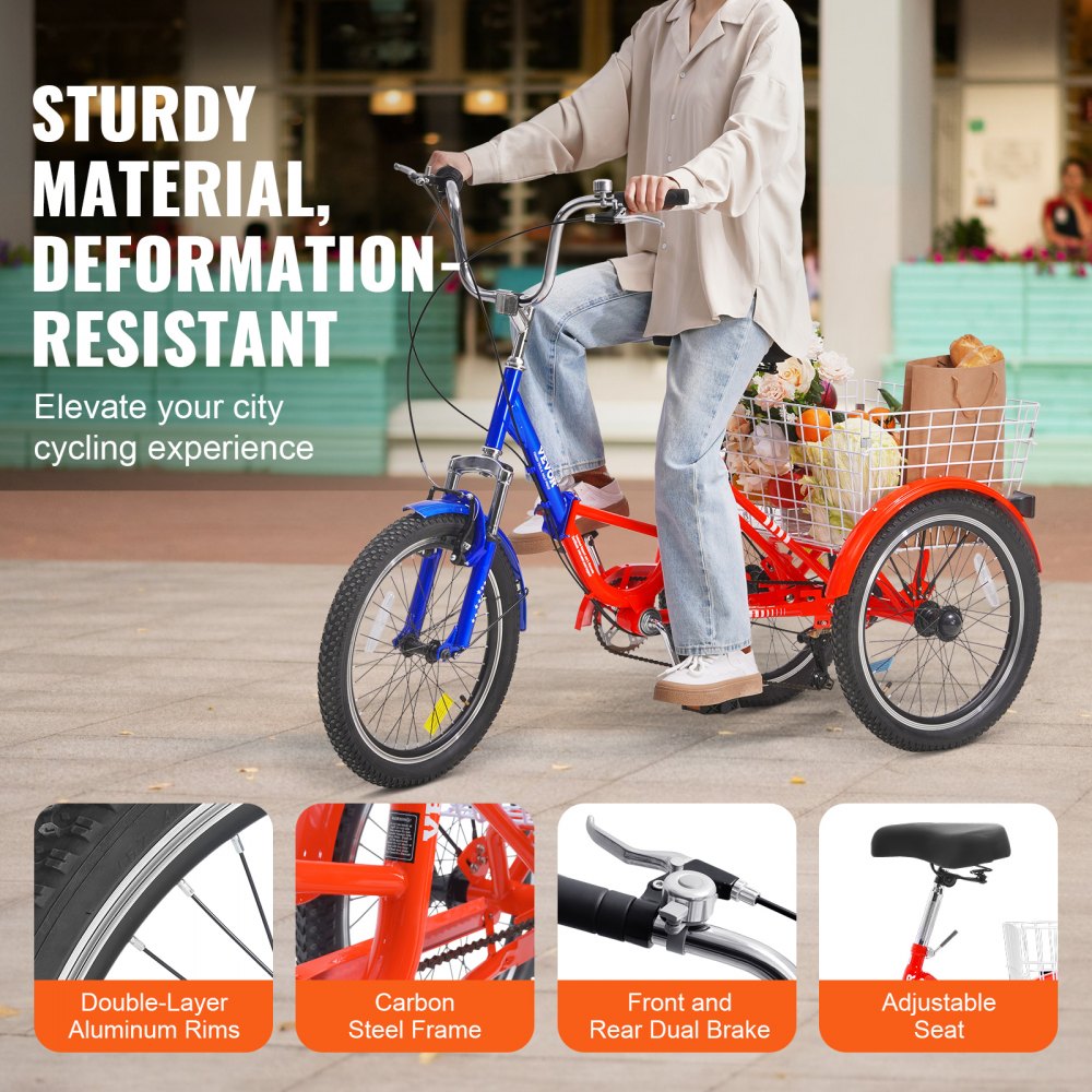 Triciclo plegable VEVOR para adultos, de 20 pulgadas y 7 velocidades, de acero al carbono, de 3 ruedas, con cesta grande y asiento ajustable, ideal para ir de compras, picnics, para mujeres, hombres y personas mayores.