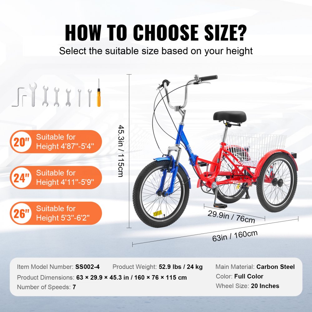 Triciclo plegable VEVOR para adultos, de 20 pulgadas y 7 velocidades, de acero al carbono, de 3 ruedas, con cesta grande y asiento ajustable, ideal para ir de compras, picnics, para mujeres, hombres y personas mayores.