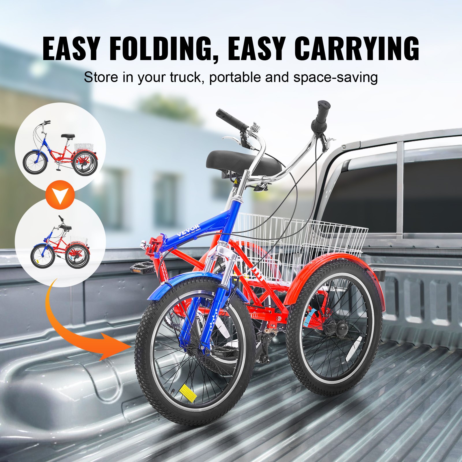 Triciclo plegable VEVOR para adultos, de 20 pulgadas y 7 velocidades, de acero al carbono, de 3 ruedas, con cesta grande y asiento ajustable, ideal para ir de compras, picnics, para mujeres, hombres y personas mayores.