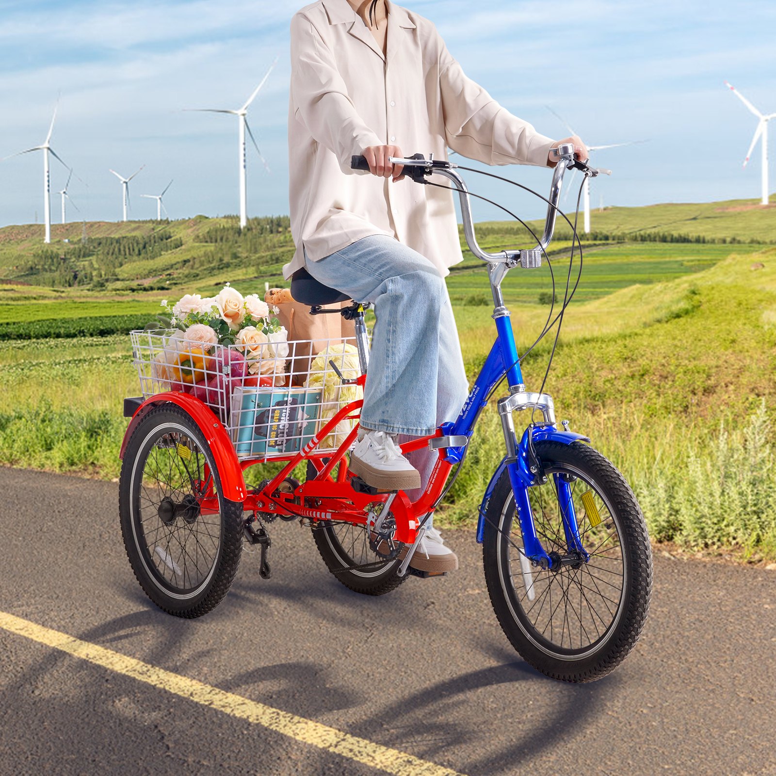Triciclo plegable VEVOR para adultos, de 20 pulgadas y 7 velocidades, de acero al carbono, de 3 ruedas, con cesta grande y asiento ajustable, ideal para ir de compras, picnics, para mujeres, hombres y personas mayores.