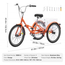 VEVOR Triciclo plegable para adultos, triciclos plegables para adultos de 20 pulgadas, bicicleta de crucero de 3 ruedas de aleación de aluminio liviana con canasta trasera grande, triciclos plegables para picnic de compras para adultos, mujeres, hombres y personas mayores