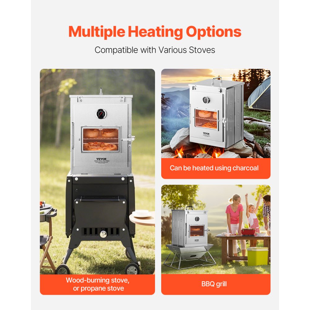 Horno de camping plegable VEVOR, estufa portátil de acero inoxidable con parrilla de 3 niveles, asa y termómetro, ideal para usar con leña y estufas de propano, para hornear pan, pizza y cocinar al aire libre.