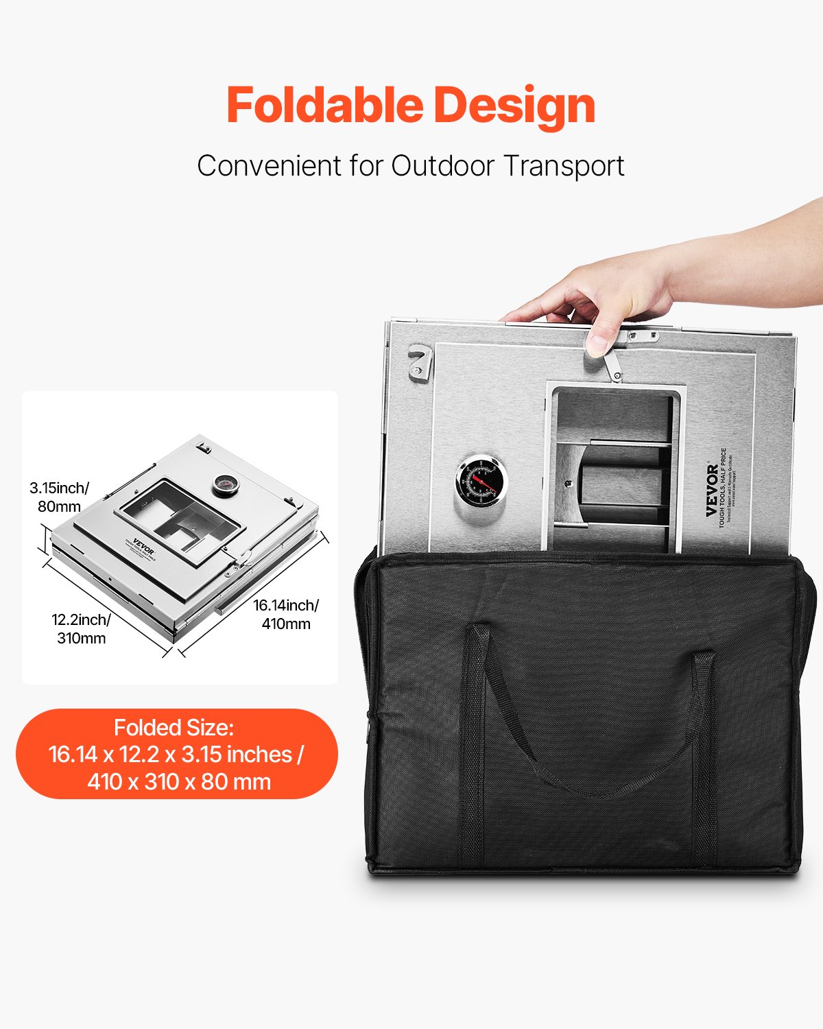 Horno de camping plegable VEVOR, estufa portátil de acero inoxidable con parrilla de 3 niveles, asa y termómetro, ideal para usar con leña y estufas de propano, para hornear pan, pizza y cocinar al aire libre.