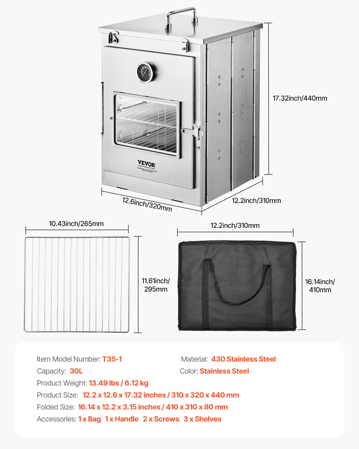 Horno de camping plegable VEVOR, estufa portátil de acero inoxidable con parrilla de 3 niveles, asa y termómetro, ideal para usar con leña y estufas de propano, para hornear pan, pizza y cocinar al aire libre.