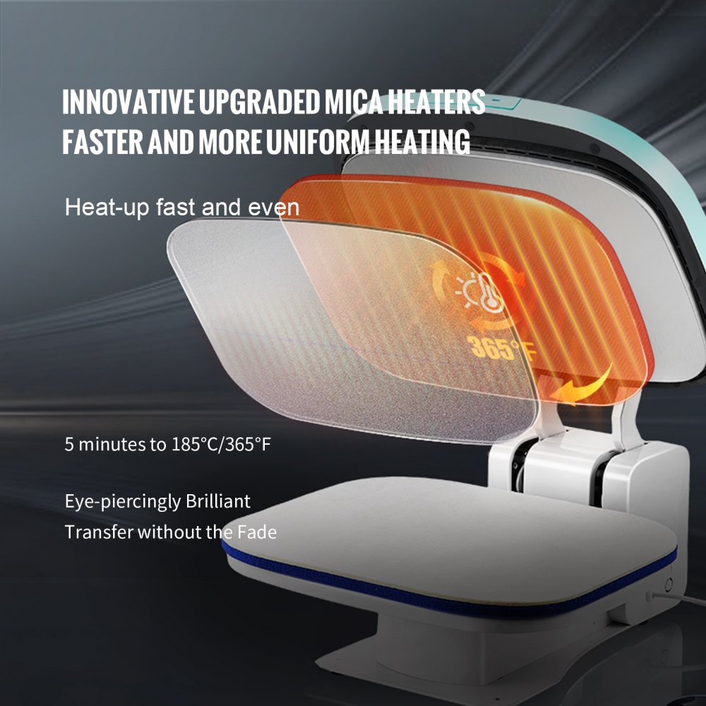 Prensa térmica automática VEVOR que muestra innovadores calentadores de mica para un calentamiento más rápido y uniforme a 365 °F.