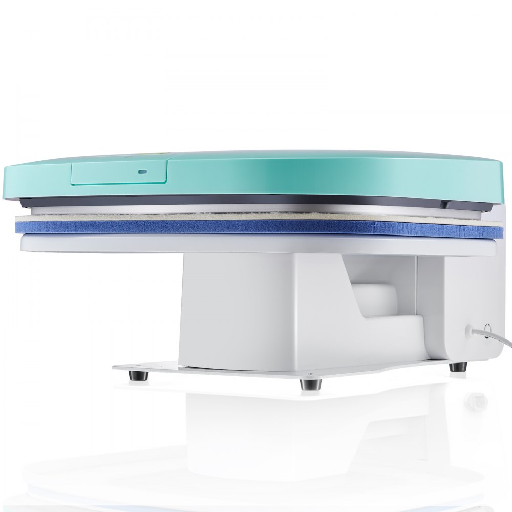 Prensa térmica automática VEVOR con superficie superior verde azulado y base blanca, con una capa de relleno azul cerca de su plataforma.