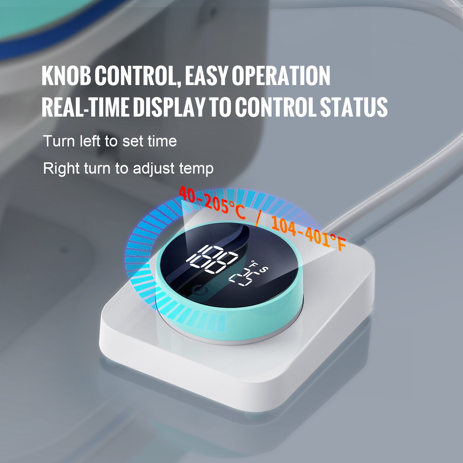 Perilla de control de prensa de calor automática VEVOR con pantalla en tiempo real que muestra configuraciones de temperatura de 40 a 205 °C