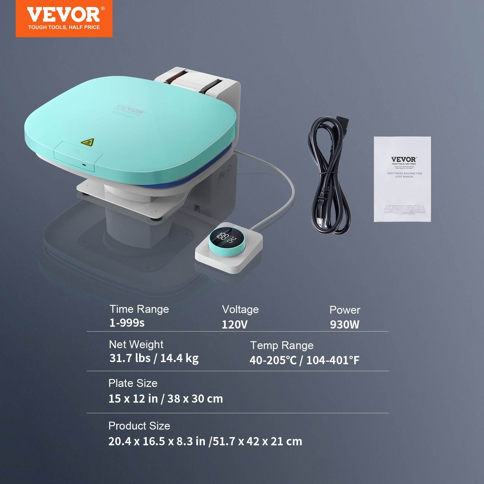 Prensa térmica automática VEVOR con placa de 15x12 pulgadas, potencia de 930 W, voltaje de 120 V y rango de temperatura ajustable.