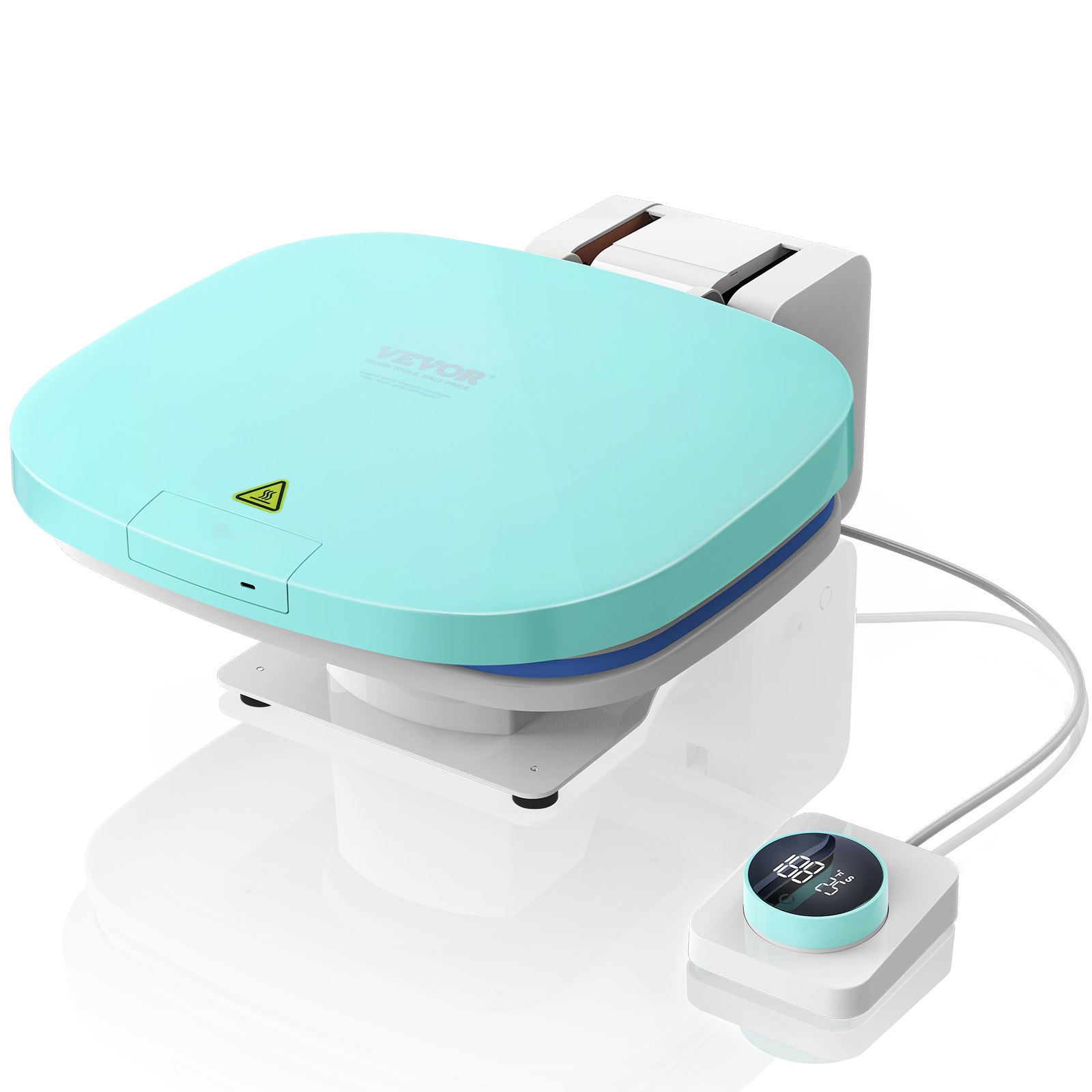 Prensa térmica automática VEVOR con parte superior verde azulado, control de pantalla digital y diseño compacto y elegante.