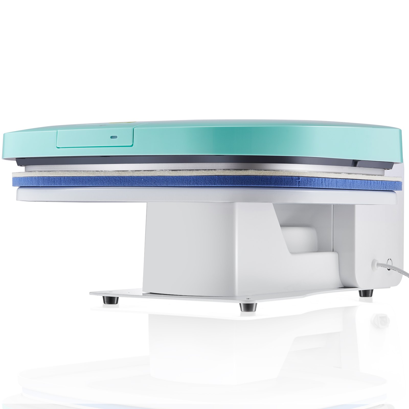 Prensa térmica automática VEVOR con superficie superior verde azulado y base blanca, con una capa de relleno azul cerca de su plataforma.
