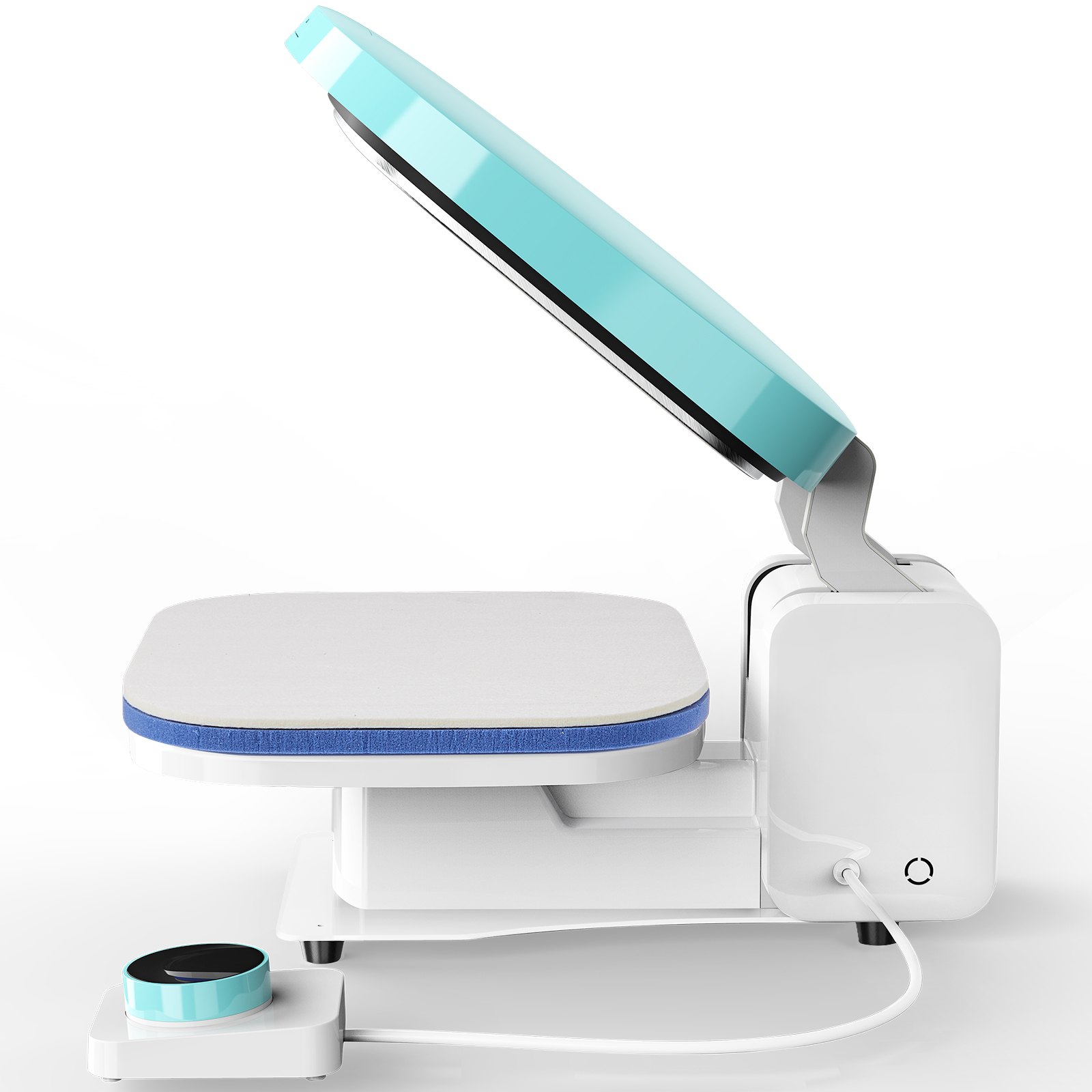 Prensa térmica automática VEVOR en color blanco con detalles azules, abierta y lista para usar.
