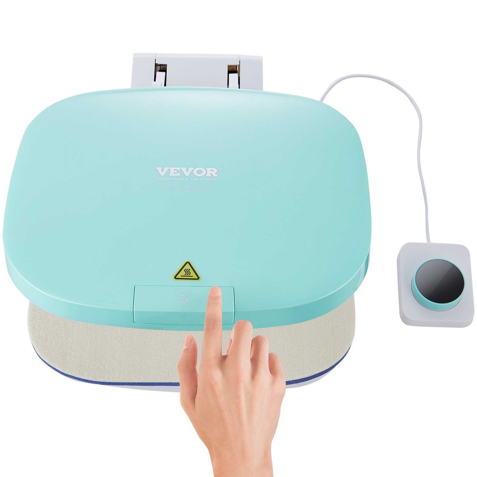 Prensa térmica automática VEVOR con interfaz táctil y unidad de control conectada.