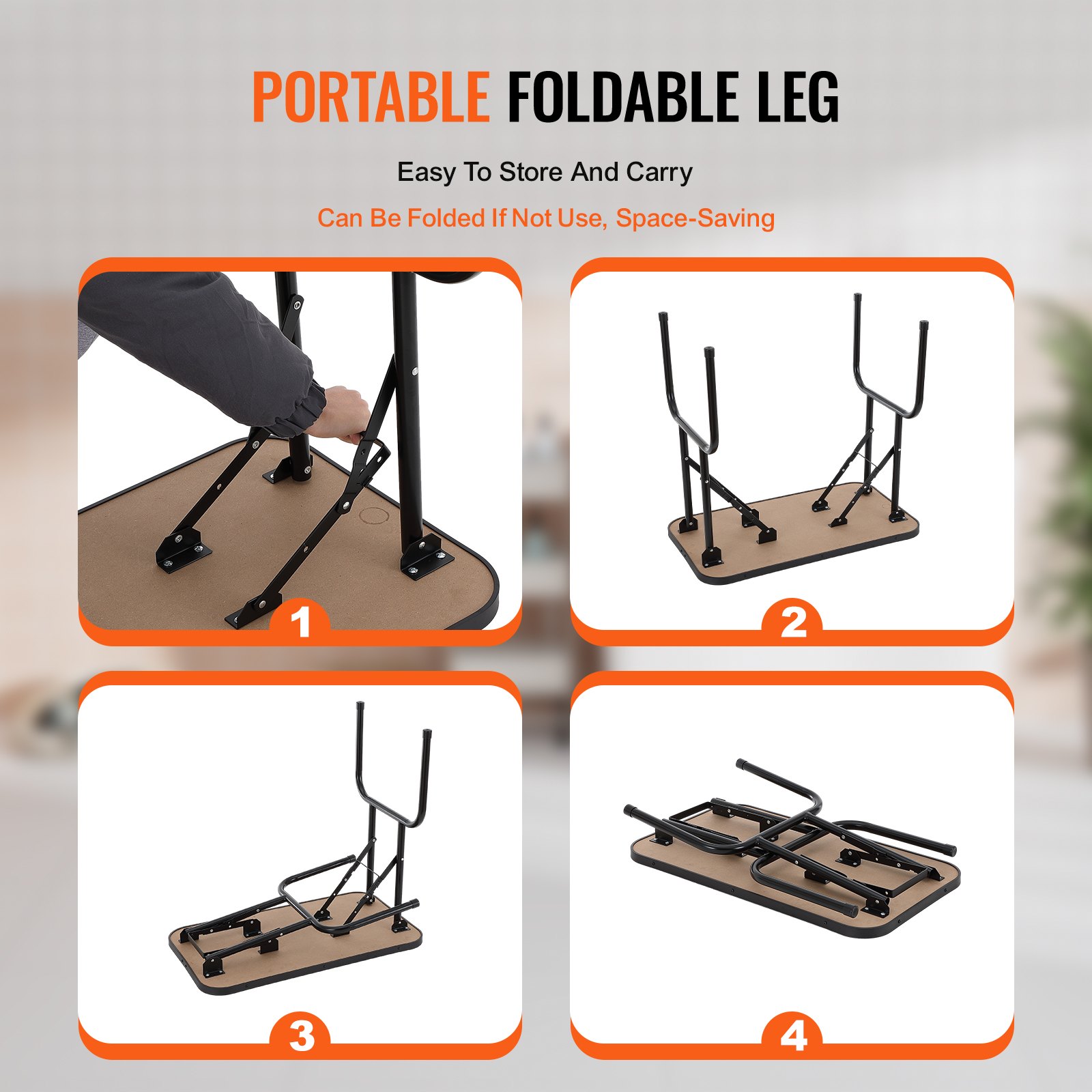 Mesa de aseo para mascotas VEVOR con patas plegables para fácil almacenamiento y portabilidad, que demuestra los pasos de instalación.