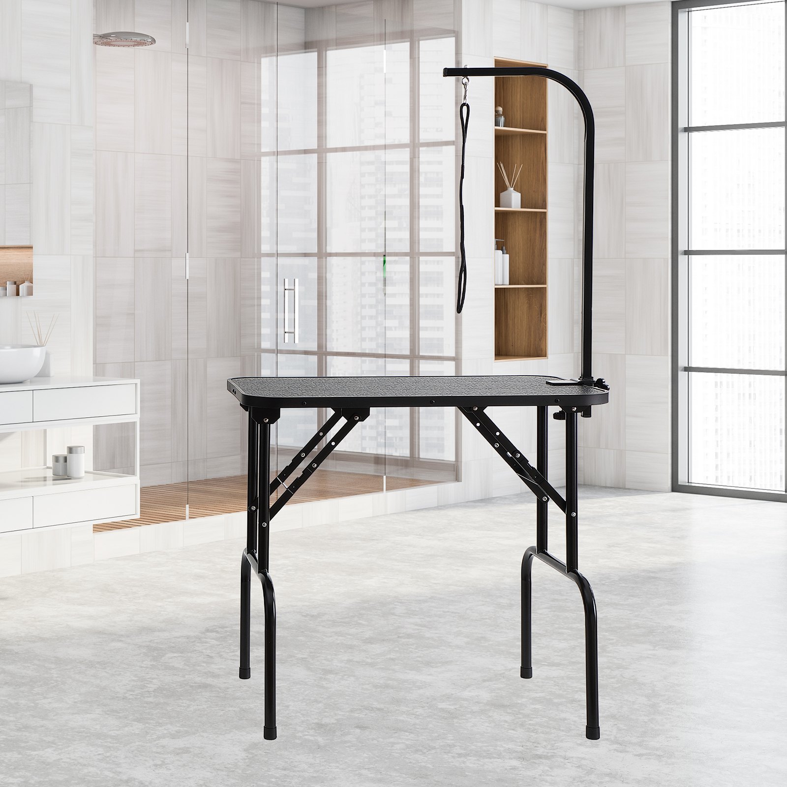 Mesa de aseo para mascotas VEVOR en una habitación moderna y luminosa con grandes ventanales y una decoración elegante.