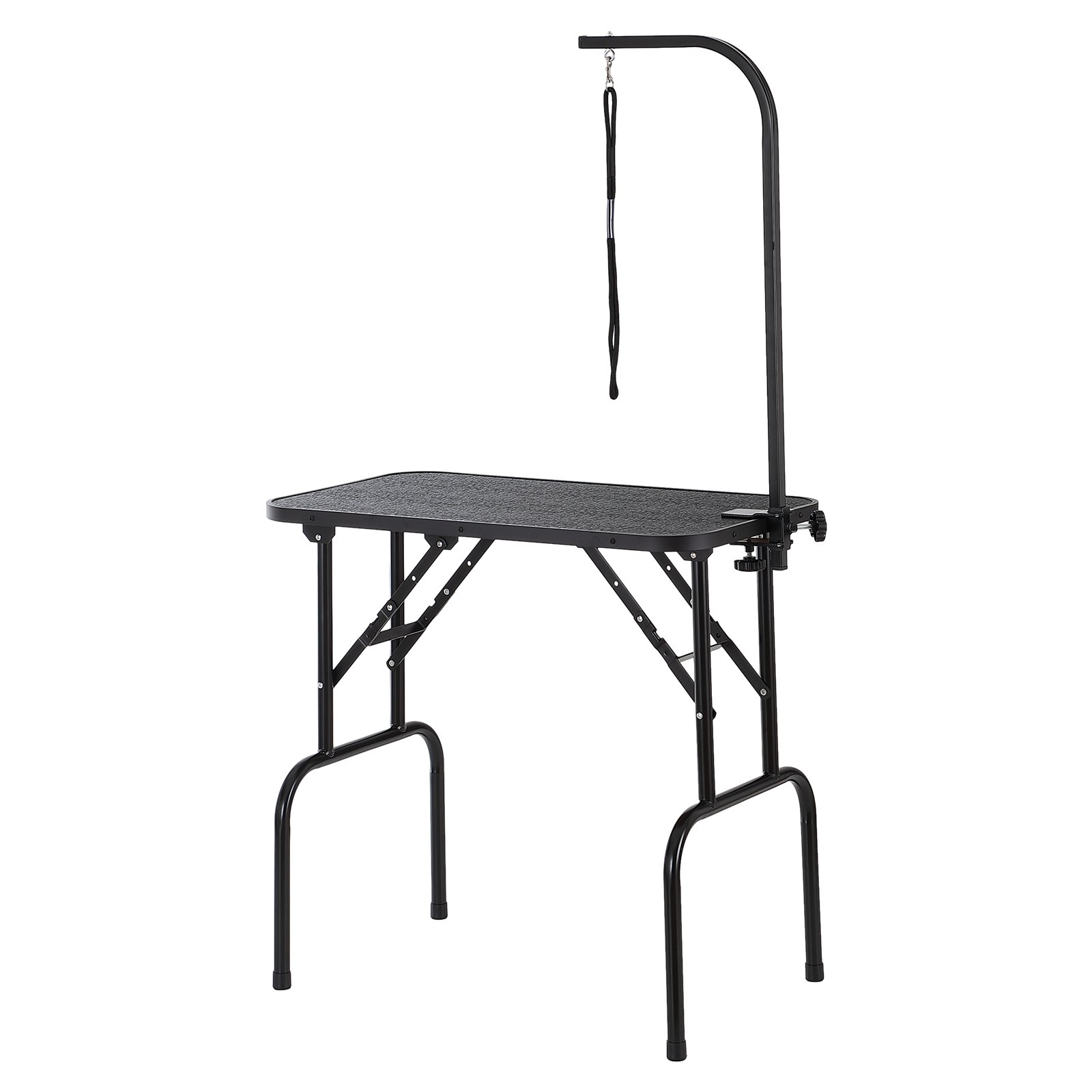 Mesa de aseo para mascotas VEVOR con brazo ajustable, marco negro y superficie antideslizante.