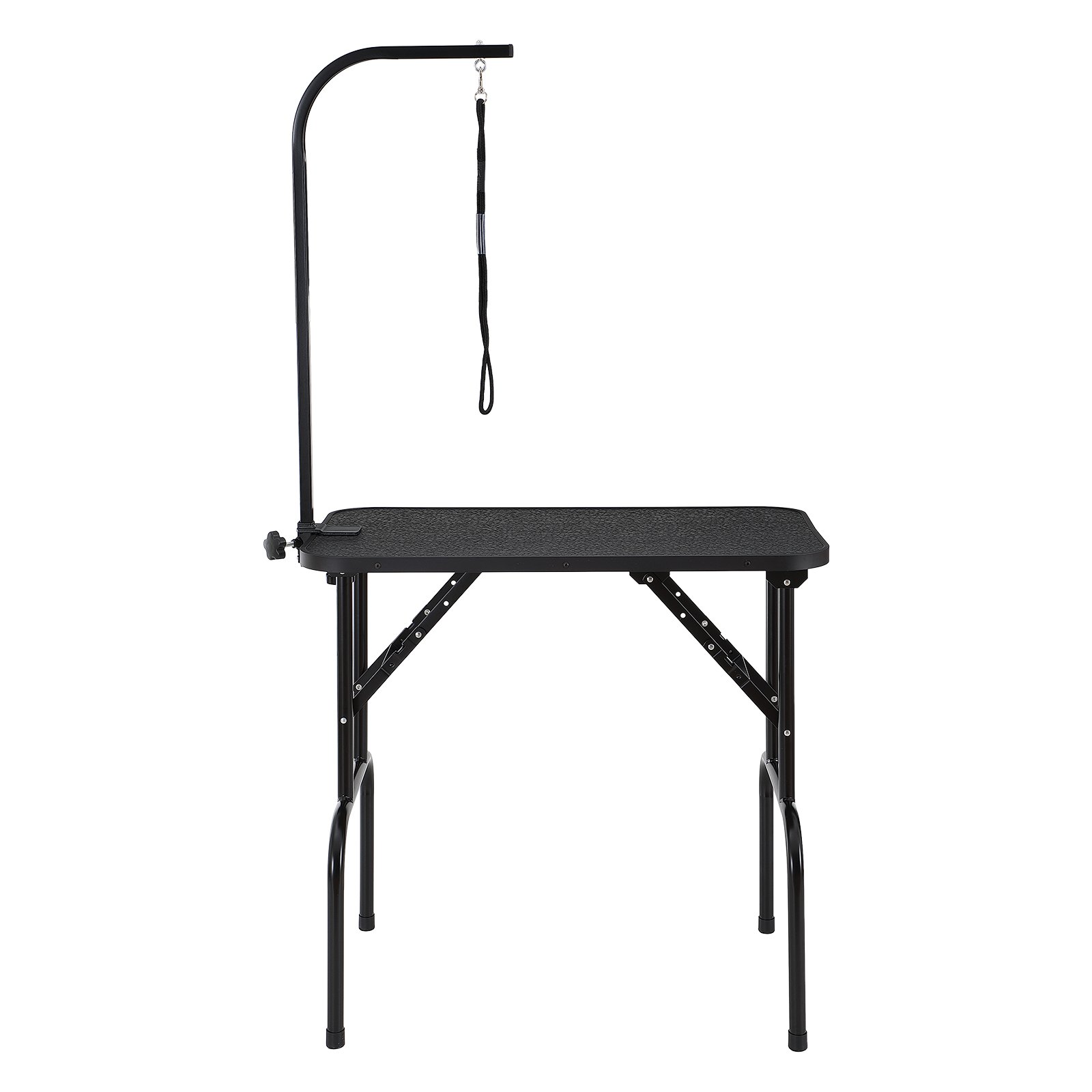 Mesa de aseo para mascotas VEVOR negra con brazo ajustable y lazo para tareas de aseo de mascotas.