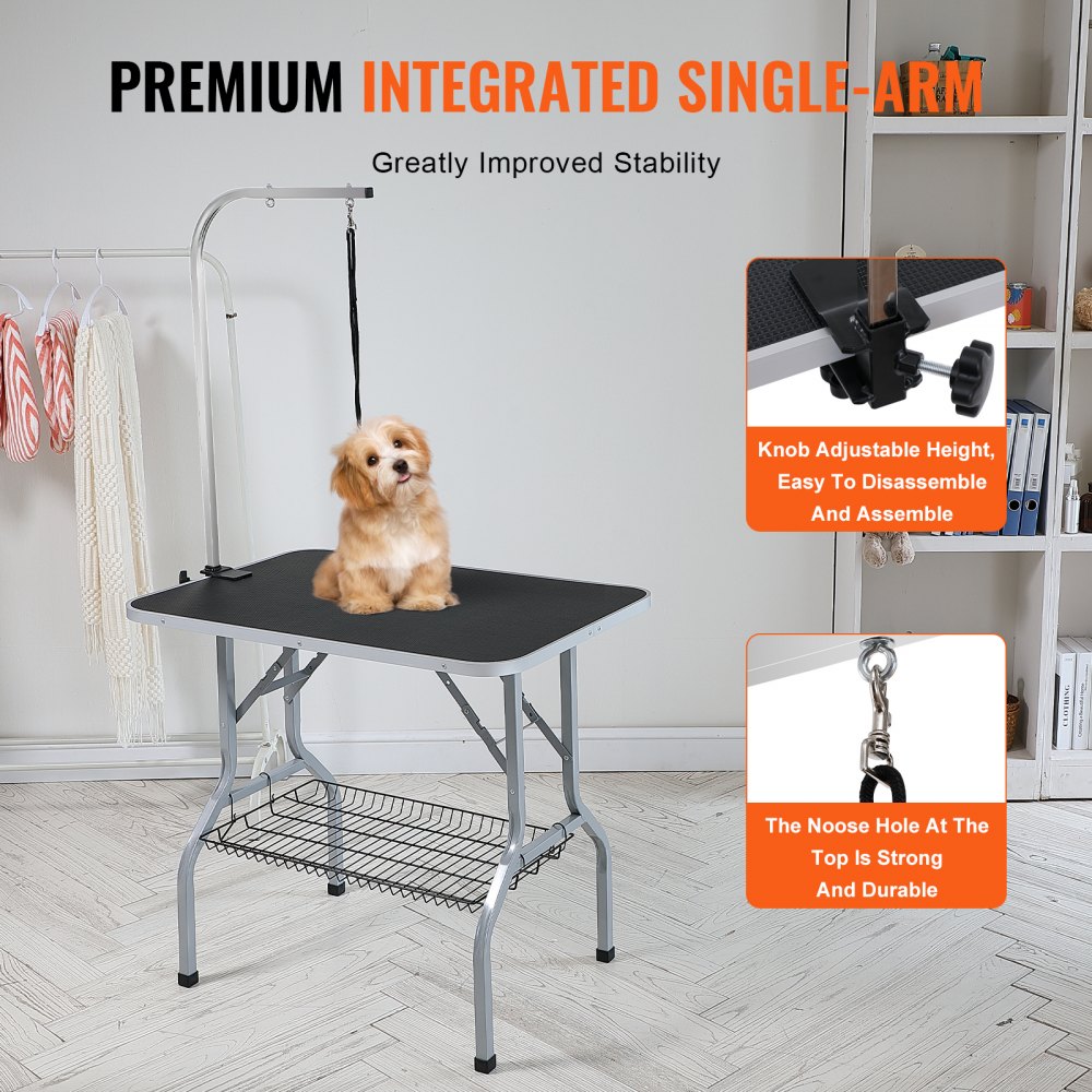 Mesa de aseo para mascotas VEVOR con brazo único integrado y altura ajustable, con capacidad para un perro pequeño.