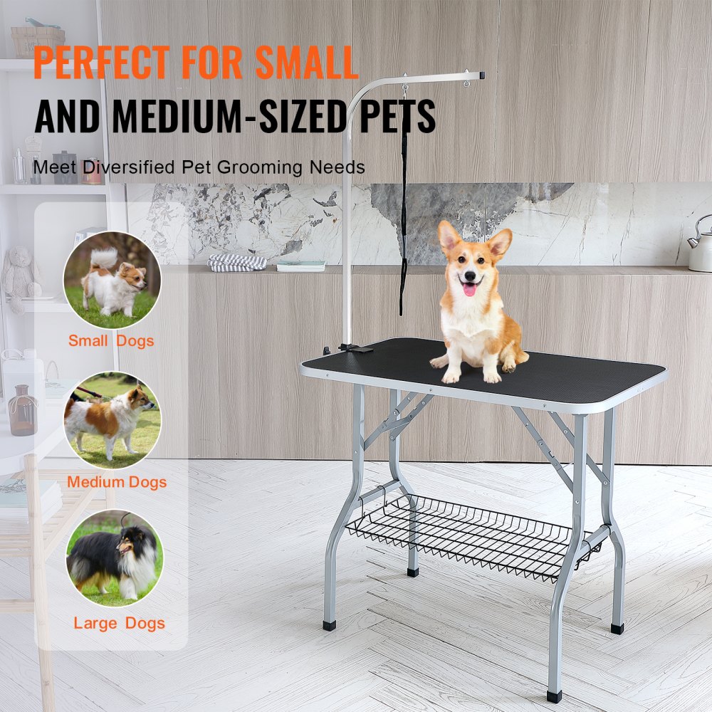 Mesa de aseo para mascotas VEVOR con un corgi, adecuada para mascotas pequeñas y medianas en una habitación moderna.