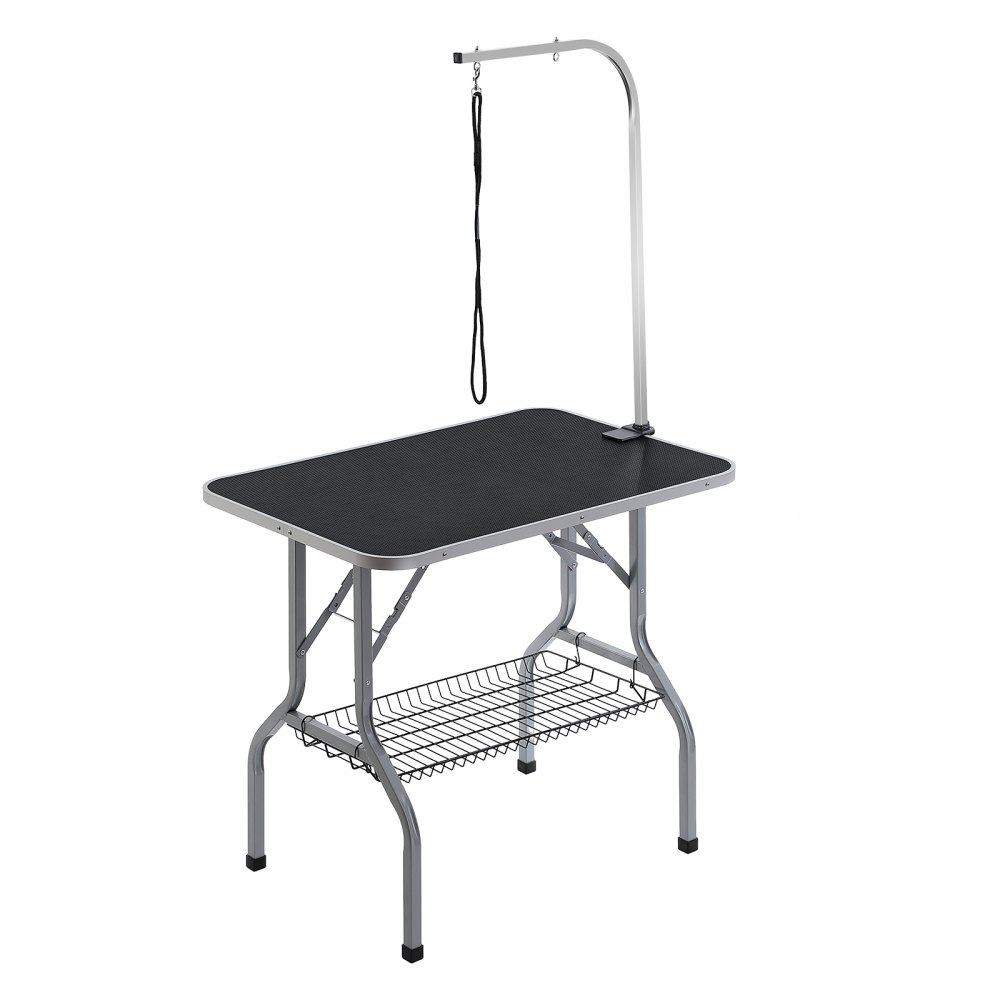 Mesa de aseo para mascotas VEVOR con brazo ajustable, tablero negro y estante de almacenamiento de metal.