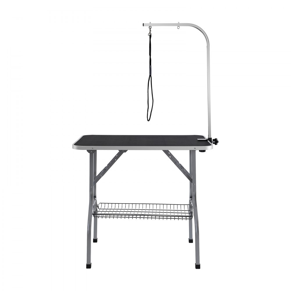 Mesa de aseo para mascotas VEVOR con brazo ajustable, superficie antideslizante y estante de almacenamiento de alambre. Adecuado para mascotas.
