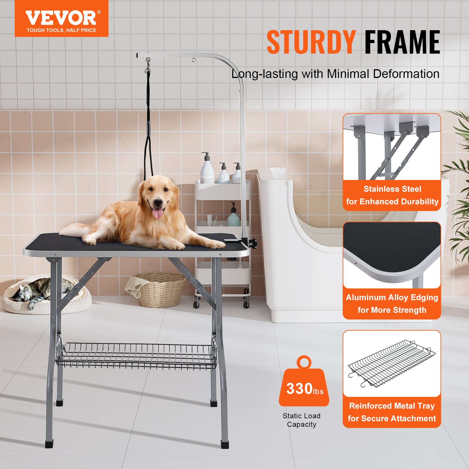 Mesa de aseo para mascotas Golden Retriever en VEVOR con estructura resistente, acero inoxidable y bandeja de metal reforzada