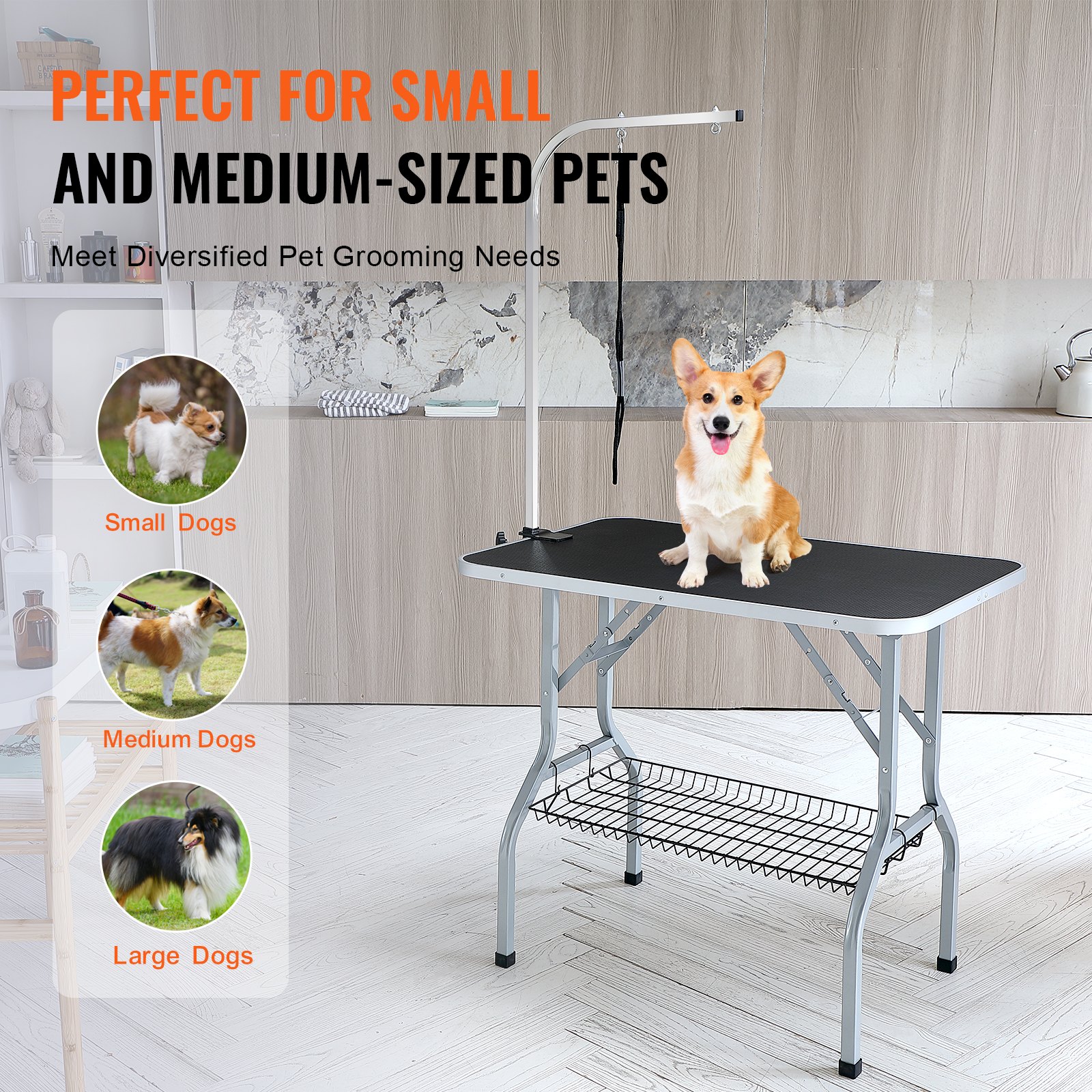 Mesa de aseo para mascotas VEVOR con un corgi, adecuada para mascotas pequeñas y medianas en una habitación moderna.