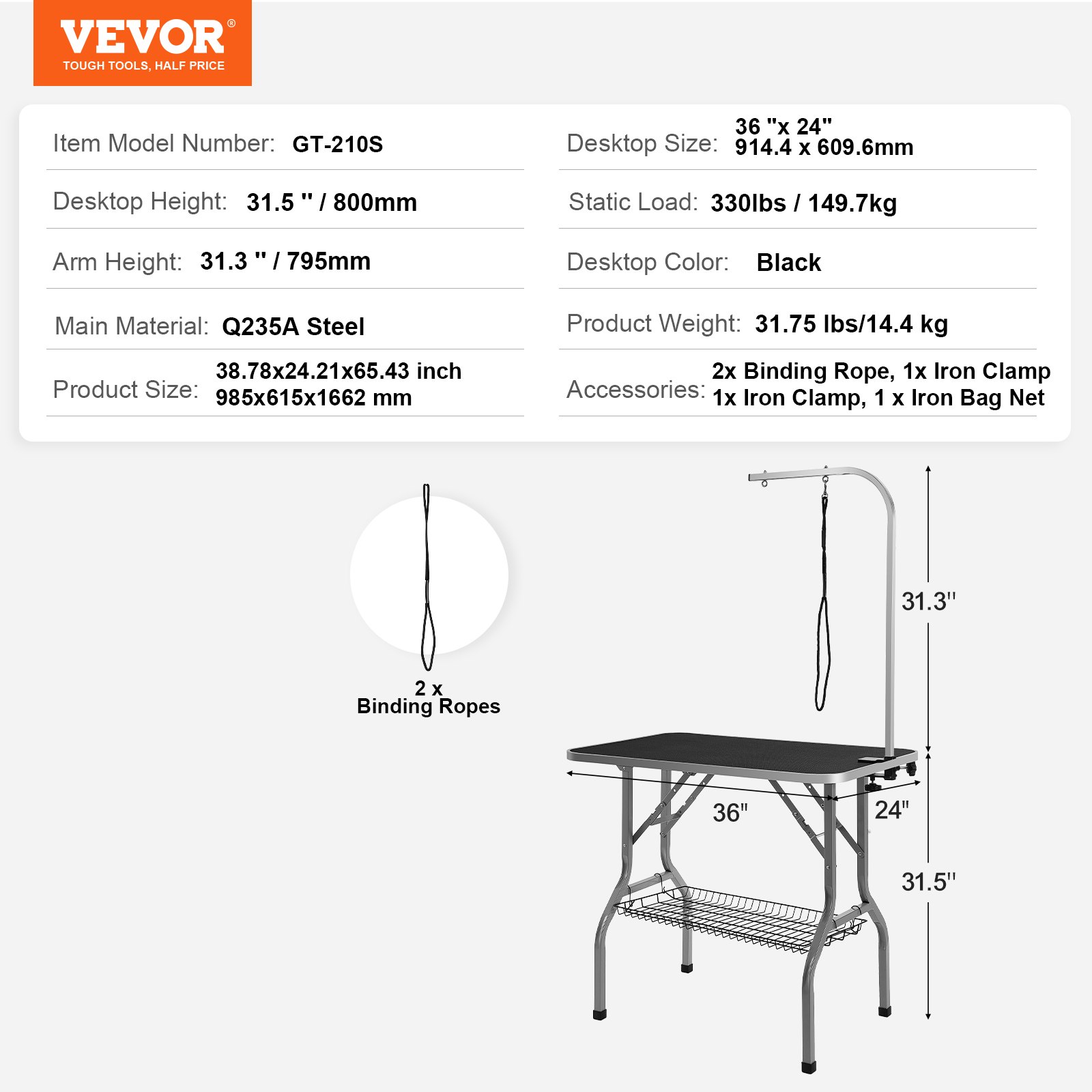 Mesa de aseo para mascotas VEVOR con estructura de acero q235a, escritorio de 36&quot; x 24&quot;, altura de 31,5&quot; y capacidad de carga de 330 libras.