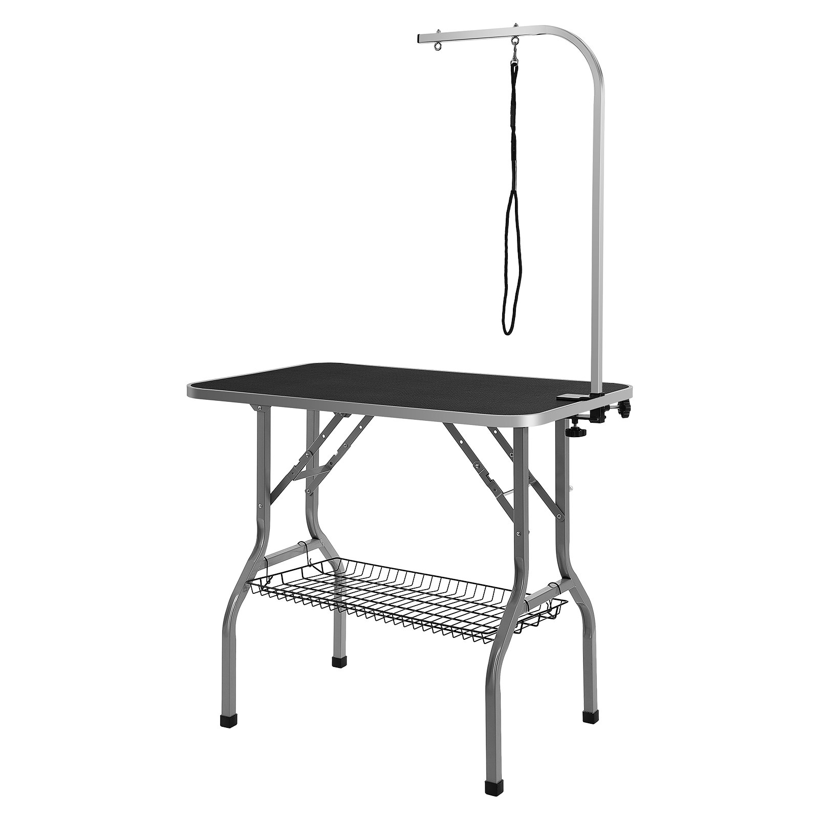 Mesa de aseo para mascotas VEVOR con brazo ajustable, tablero negro y estructura de metal con estante de almacenamiento de alambre.