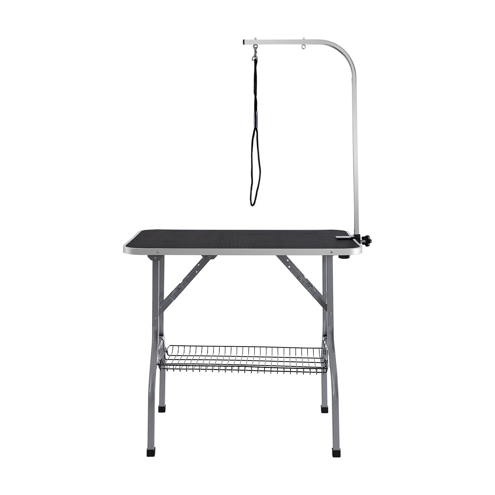 Mesa de aseo para mascotas VEVOR con brazo ajustable, superficie antideslizante y estante de almacenamiento de alambre. Adecuado para mascotas.