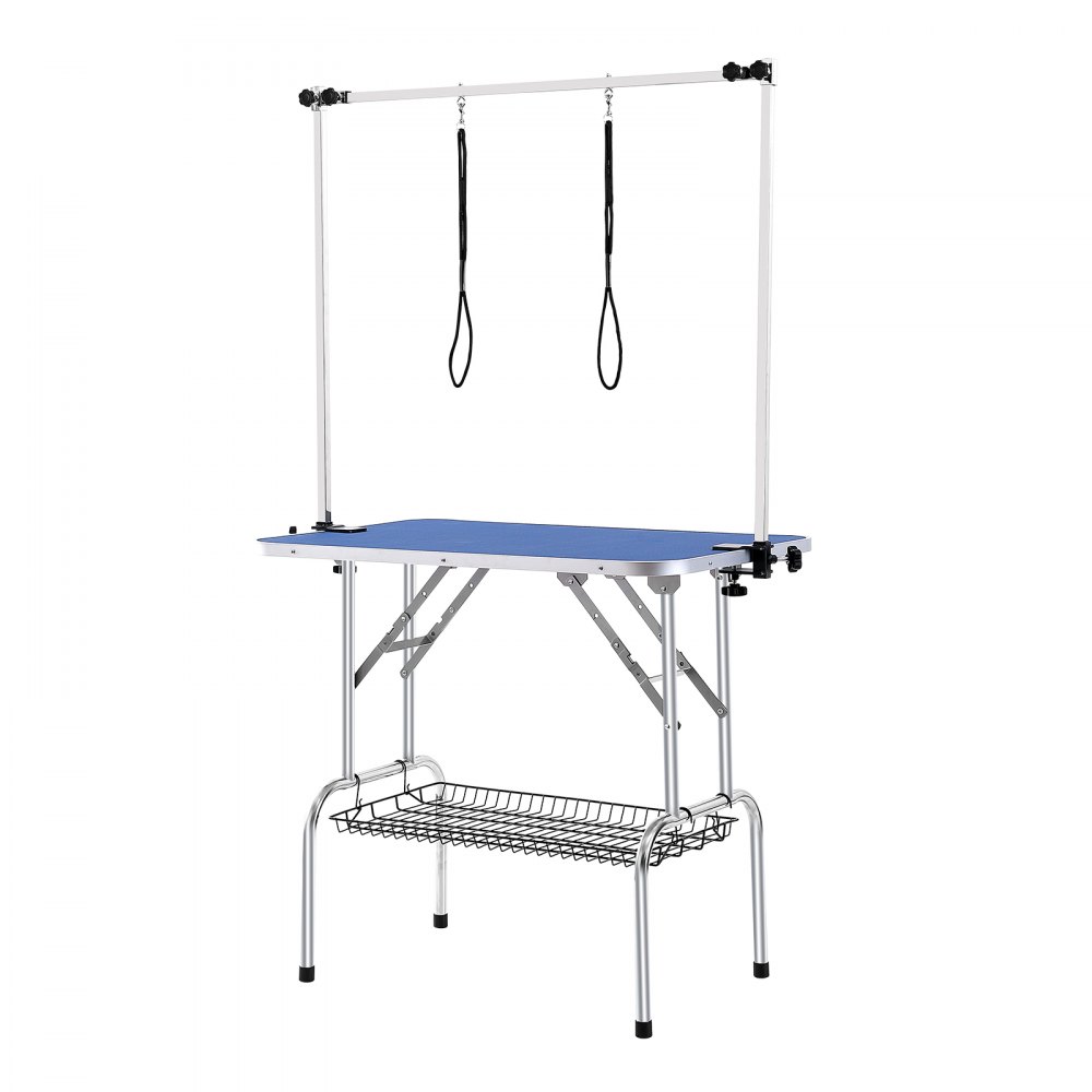 Mesa de aseo azul con brazos ajustables, ganchos y un estante de malla, mesa de aseo para mascotas VEVOR.
