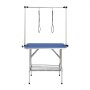 Mesa de aseo para mascotas VEVOR azul con brazo superior, presillas de seguridad y estante de almacenamiento de alambre.