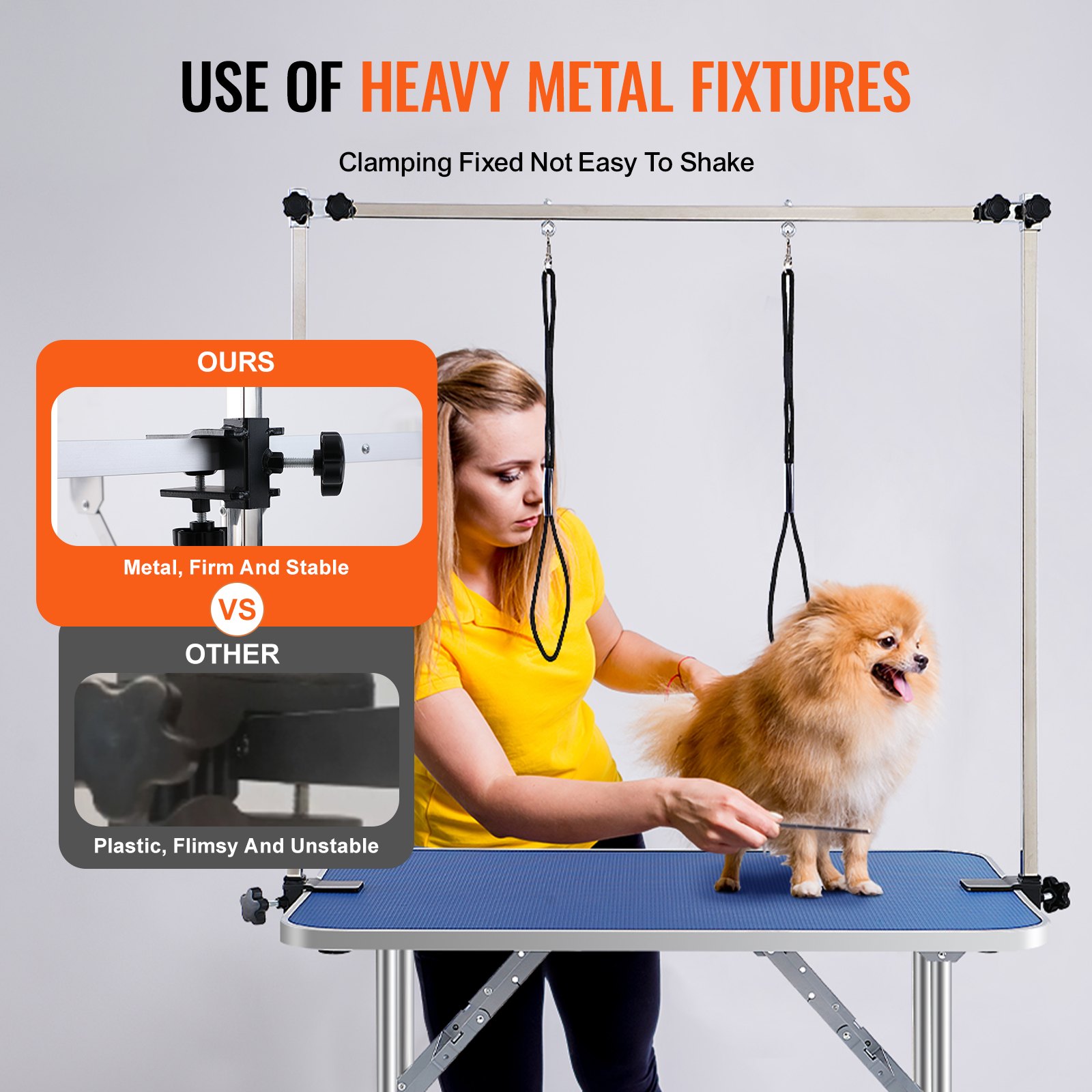 Mesa de aseo para mascotas VEVOR con accesorios de metal pesado y un marco resistente, lo que garantiza la estabilidad para el aseo de las mascotas.