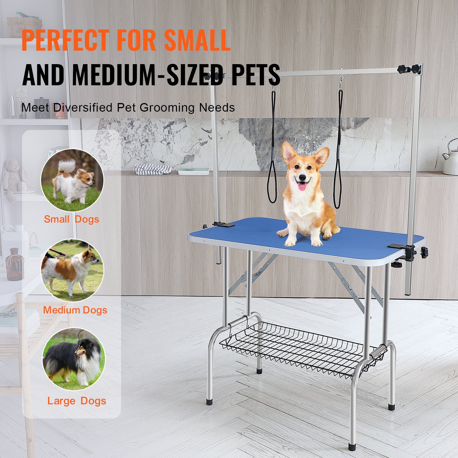 Mesa de aseo para mascotas VEVOR para mascotas pequeñas y medianas, con superficie azul y marco de metal.