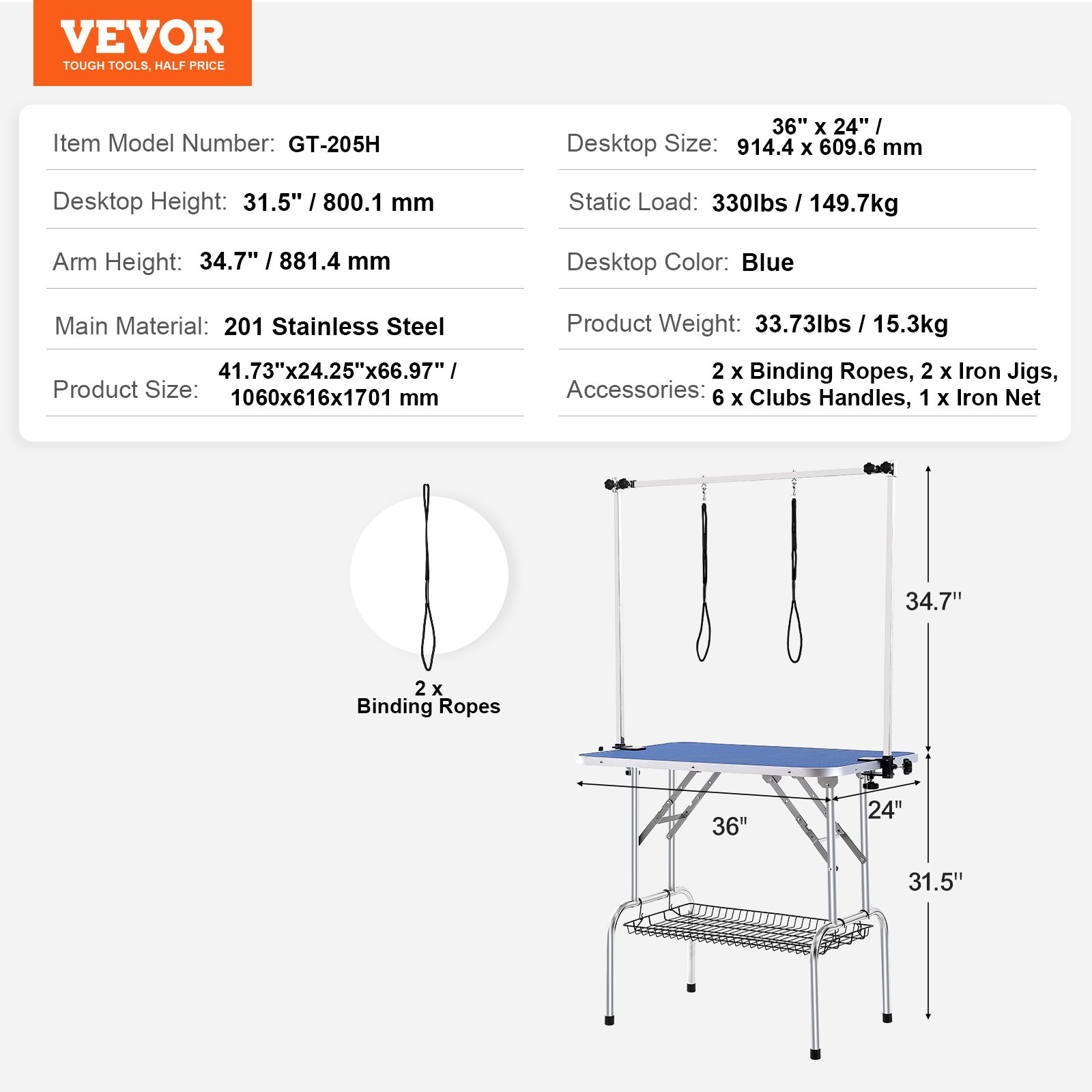 Especificaciones de la mesa de aseo para mascotas VEVOR: escritorio azul de 36&quot; x 24&quot;, brazo de 34,7&quot;, altura de 31,5&quot;, acero inoxidable.