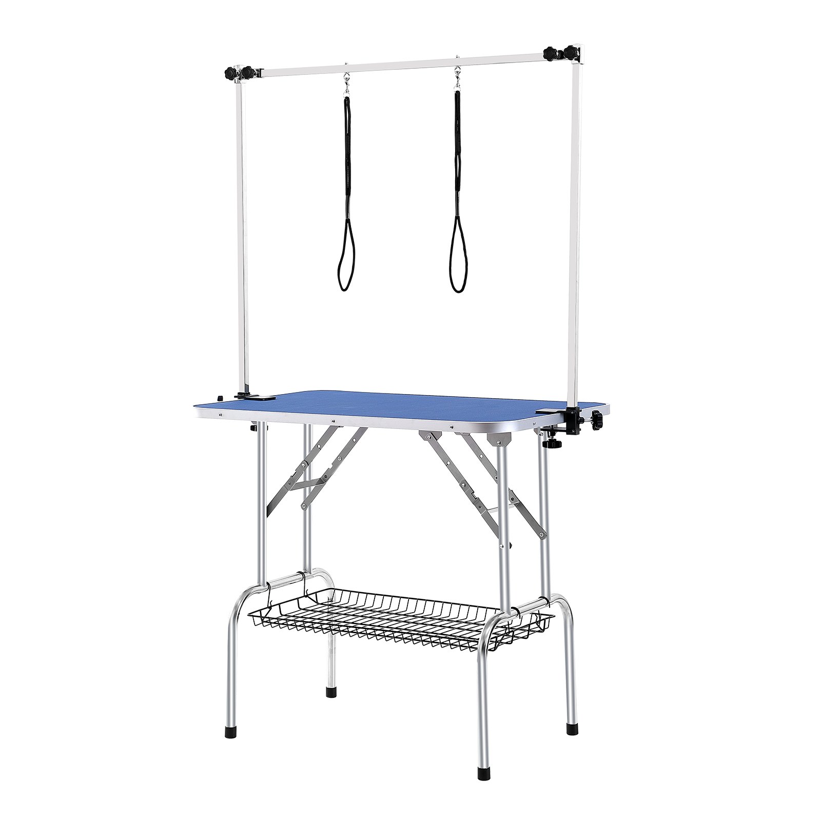 Mesa de aseo azul con brazos ajustables, ganchos y un estante de malla, mesa de aseo para mascotas VEVOR.
