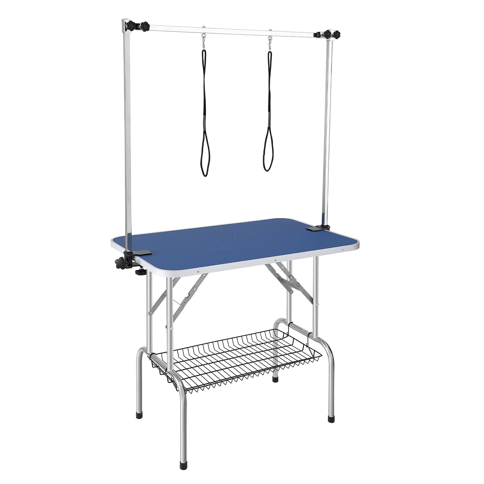 Mesa de aseo para mascotas VEVOR con altura ajustable, tapa azul y estructura de acero inoxidable.