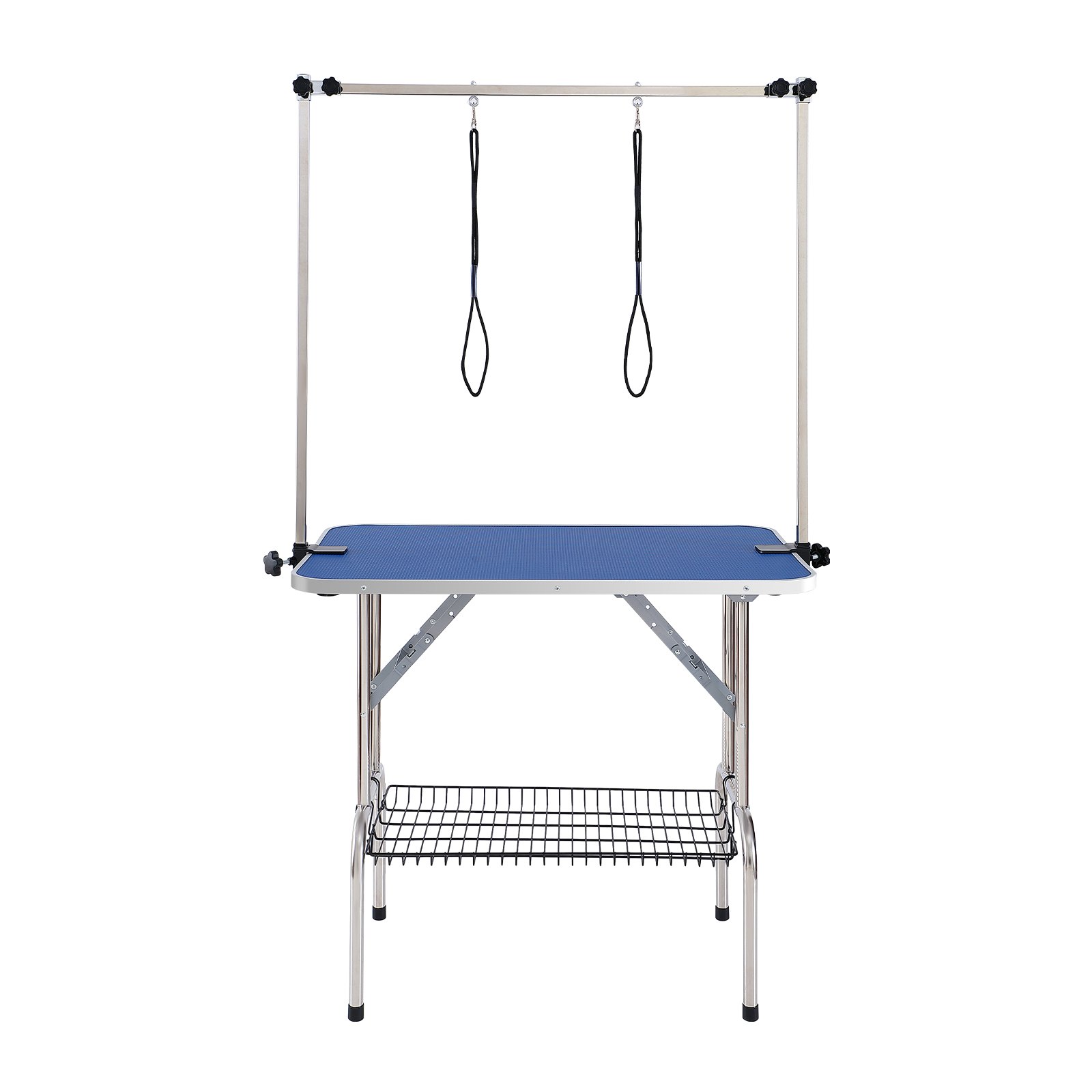 Mesa de aseo para mascotas VEVOR azul con brazo superior, presillas de seguridad y estante de almacenamiento de alambre.