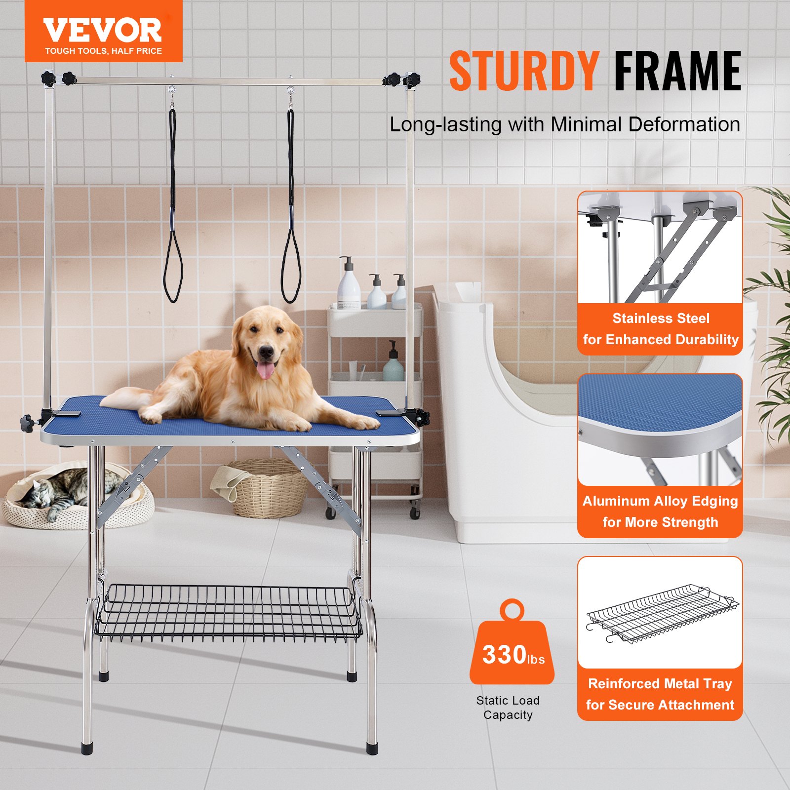 Mesa de aseo para mascotas VEVOR de dos brazos con abrazadera, estación de aseo para perros de 91 x 61 cm, soporte plegable para perros medianos y pequeños, soporte para sentadillas con asa, capacidad de carga de 150 kg
