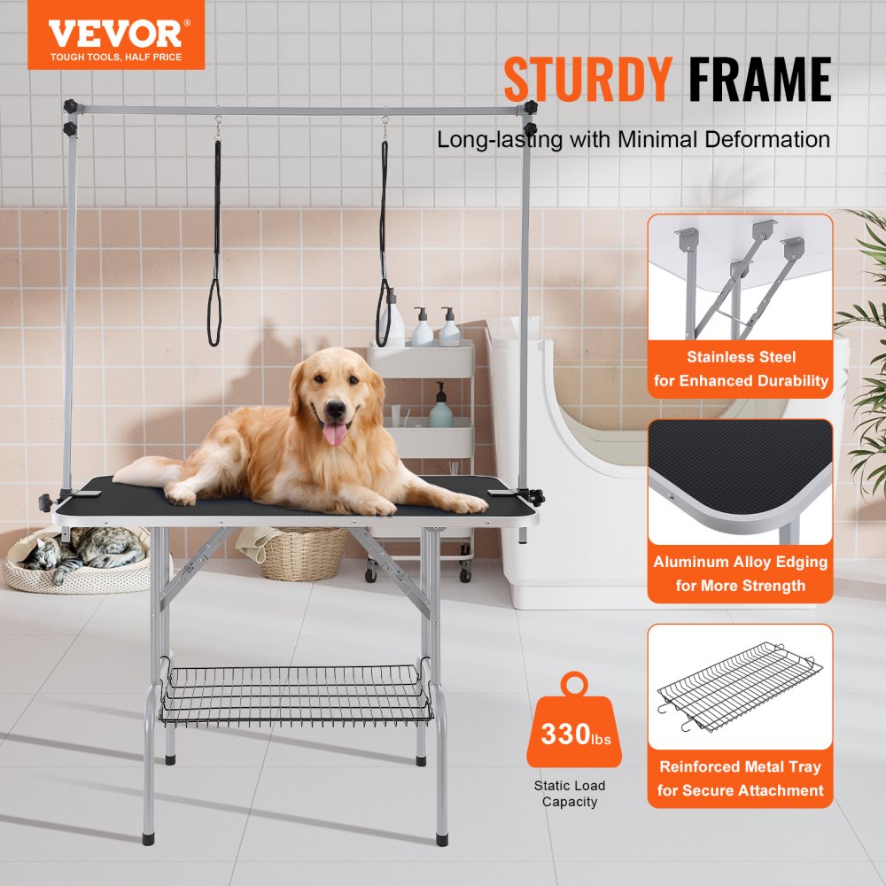 Mesa de aseo para mascotas VEVOR con marco resistente, construcción de acero inoxidable y capacidad de 330 libras.