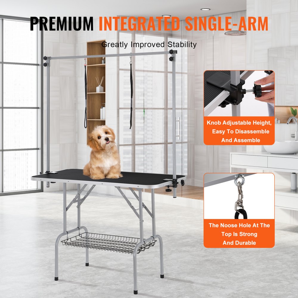 Mesa de aseo para mascotas VEVOR para perros pequeños con marco de un solo brazo, altura ajustable y orificio para lazo resistente.