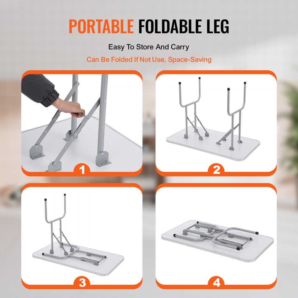 Demostración de patas plegables portátiles para la mesa de aseo de mascotas VEVOR que muestra pasos de fácil almacenamiento.