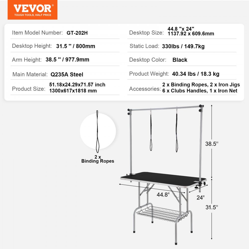 Mesa de aseo para mascotas VEVOR con dimensiones, capacidad de carga y accesorios detallados junto con la imagen del producto.