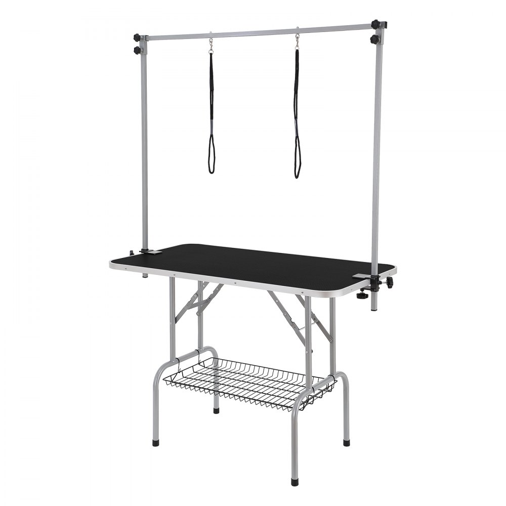 Mesa de aseo para mascotas VEVOR con brazo ajustable y estante de metal.
