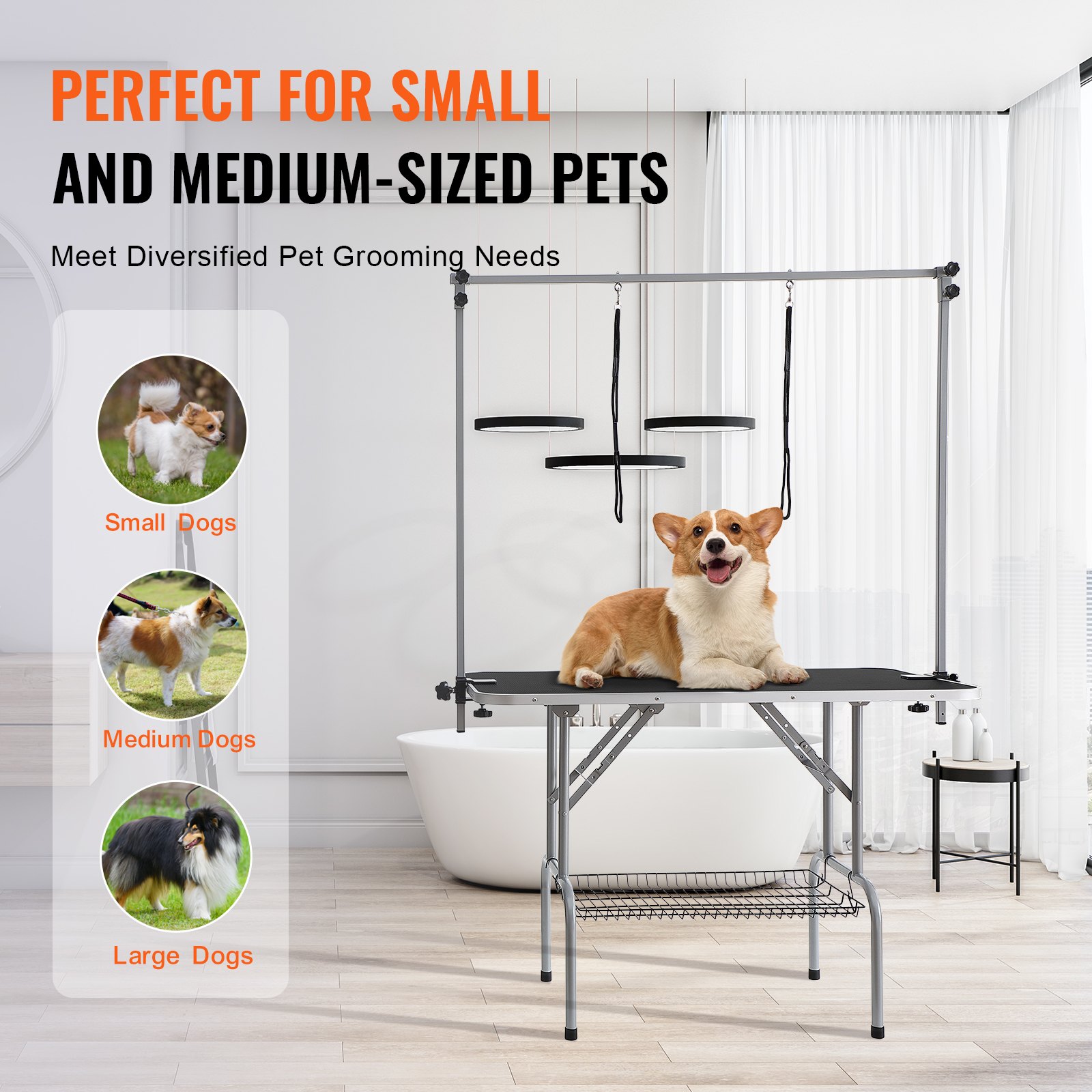 Mesa de aseo para mascotas VEVOR con un corgi feliz, perfecta para perros pequeños y medianos en un baño moderno.