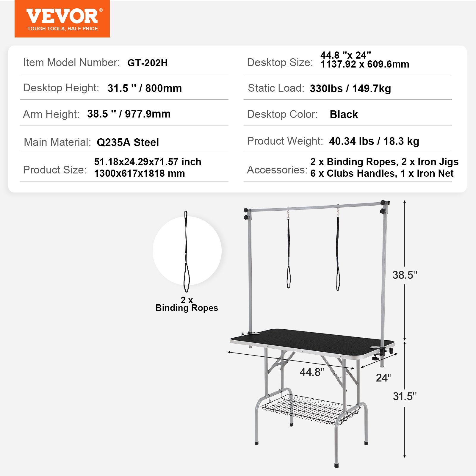 Mesa de aseo para mascotas VEVOR con dimensiones, capacidad de carga y accesorios detallados junto con la imagen del producto.