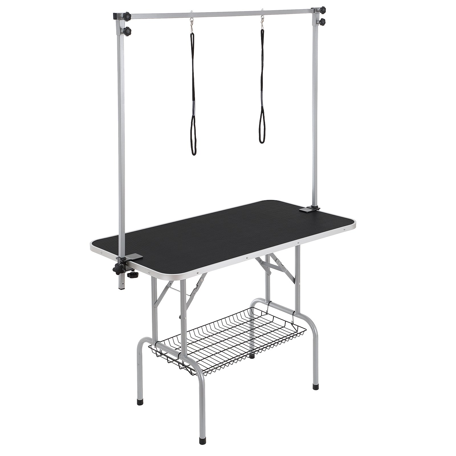 Mesa de aseo para mascotas VEVOR con brazo ajustable, superficie antideslizante negra y estante de almacenamiento.