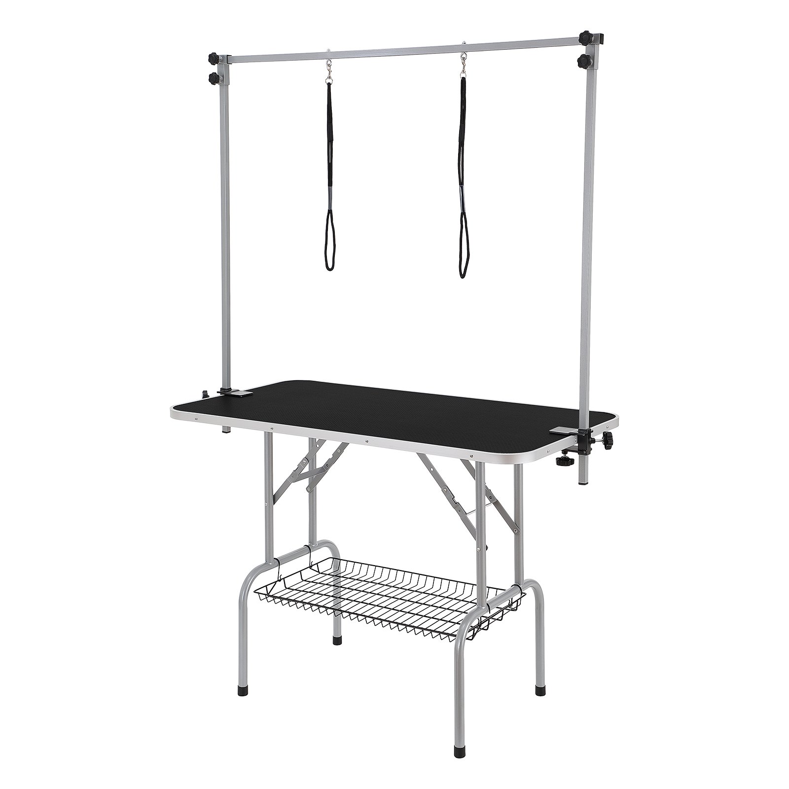 Mesa de aseo para mascotas VEVOR con brazo ajustable y estante de metal.