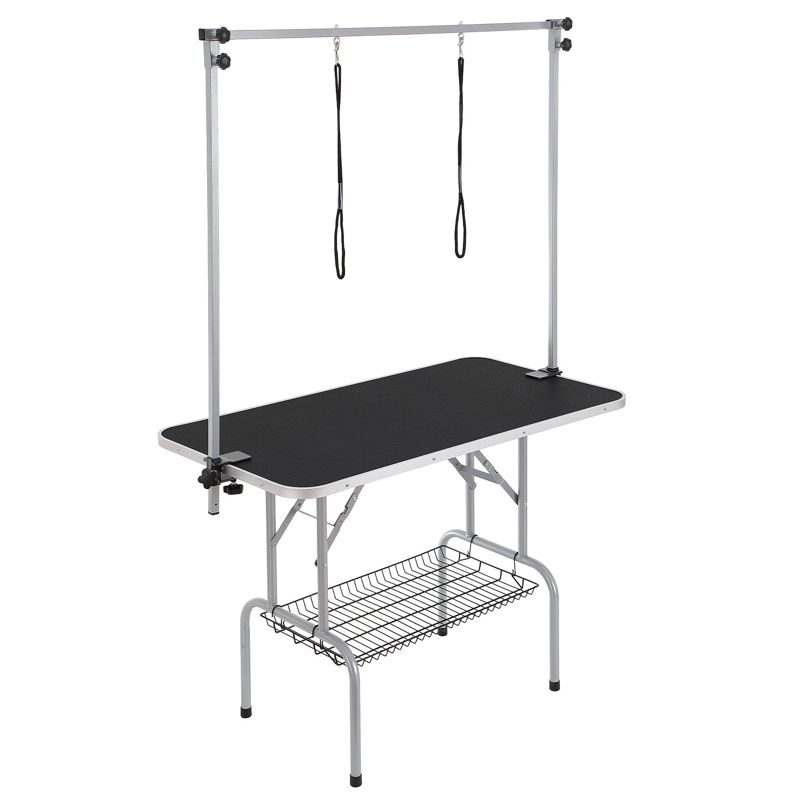 Mesa de aseo para mascotas VEVOR con brazo ajustable, superficie negra y estante de almacenamiento debajo.