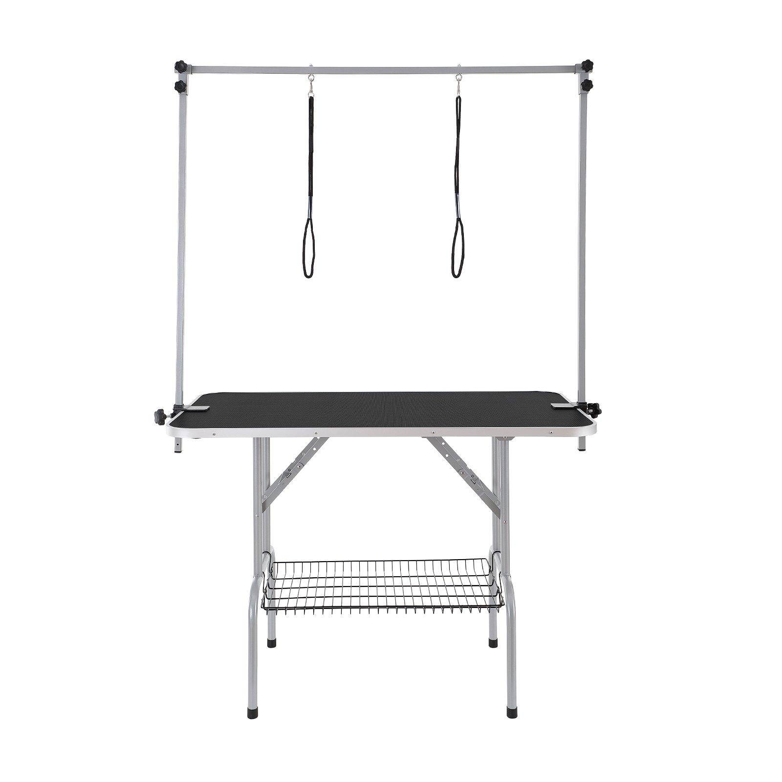 Mesa de aseo para mascotas VEVOR con brazo ajustable, dos cuerdas y estante de almacenamiento de metal.