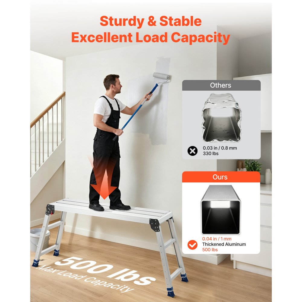 VEVOR Plataforma Plegable de Trabajo, Capacidad de 226,8 kg, Altura Ajustable de 584 a 876 mm, Escalera-Taburete de 1016 x 305 mm Antideslizante, Plegable, Portátil para Hogar, Mantenimiento y Pintura